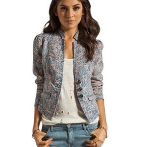 Free People Women's 0 Printed Floral Cotton Blazer Blue Combo Lightweight Jacket